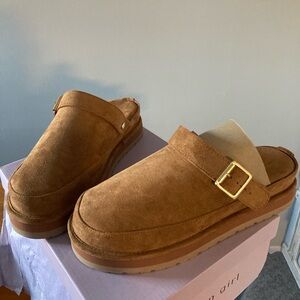 Brown Suede Slip-On Clogs with Buckle